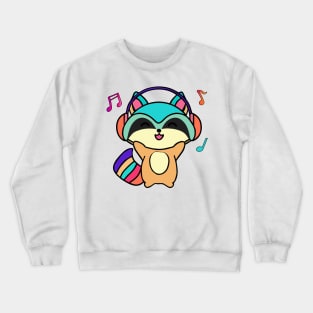 Happy smiling baby raccoon with headphones. Kawaii cartoon Crewneck Sweatshirt